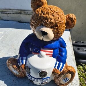 Ceramic Brown Bear Cookie Jar with Blue Accent
